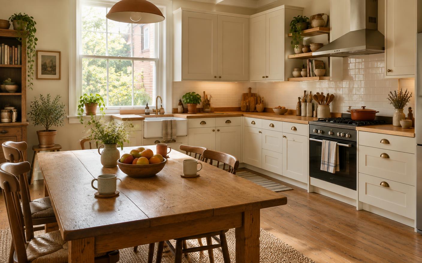 A communal kitchen with a large wooden farmhouse table