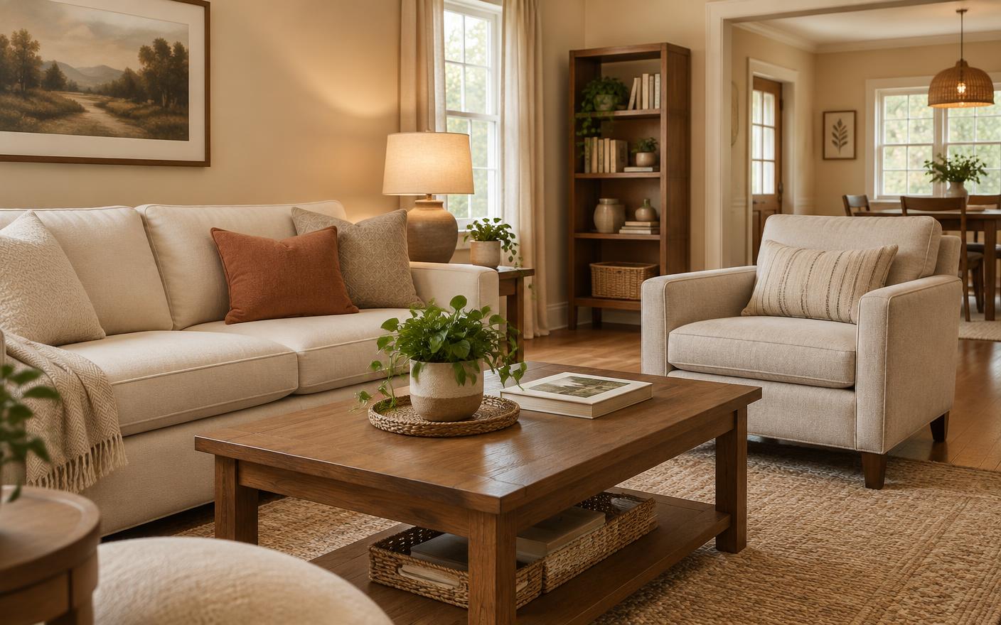 A cozy shared living room with a sofa, armchair, and warm lamps