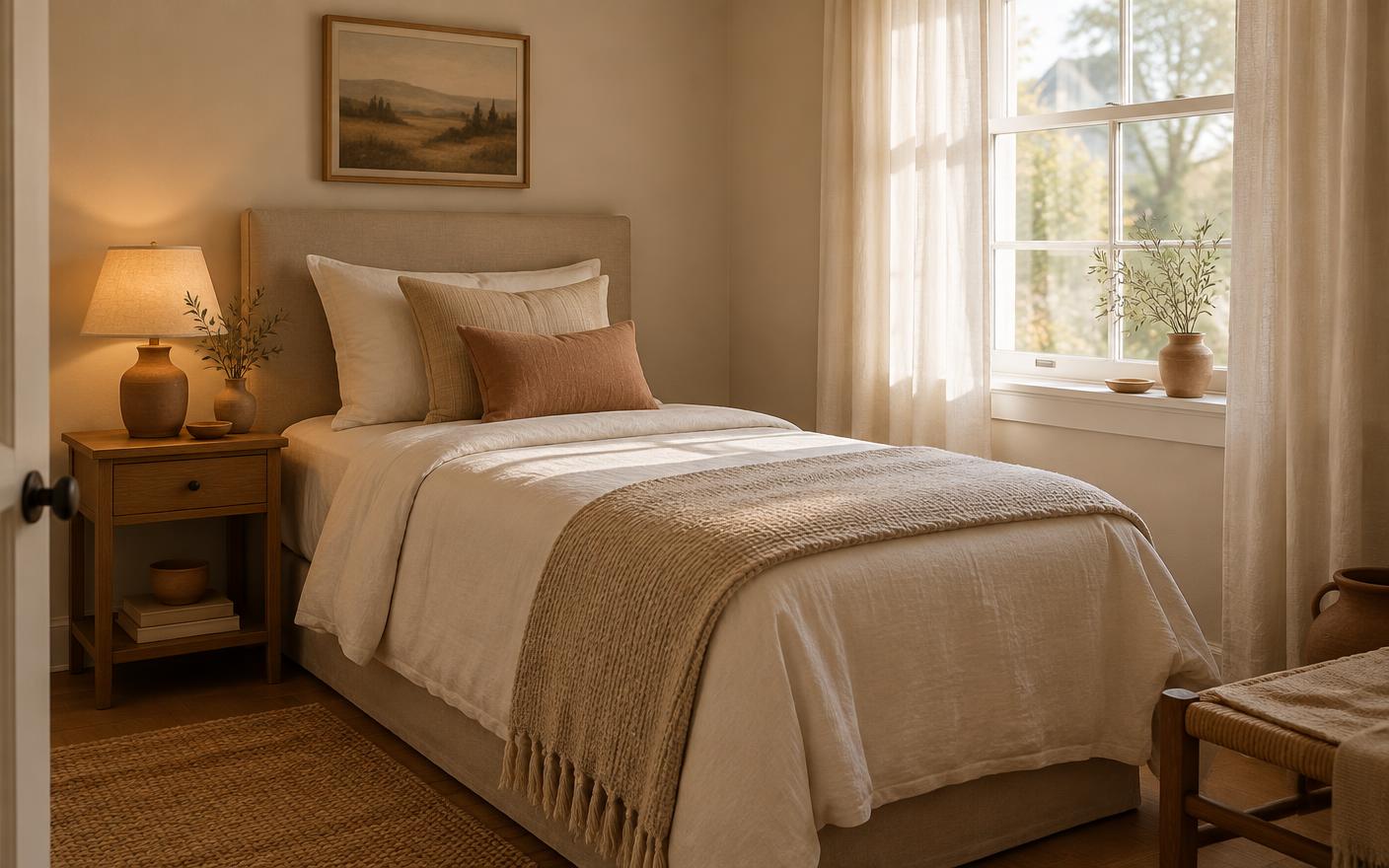 A warm private bedroom with a neatly made bed and soft morning light