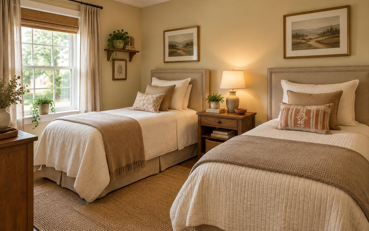 A warm shared bedroom with two made-up beds and soft morning light